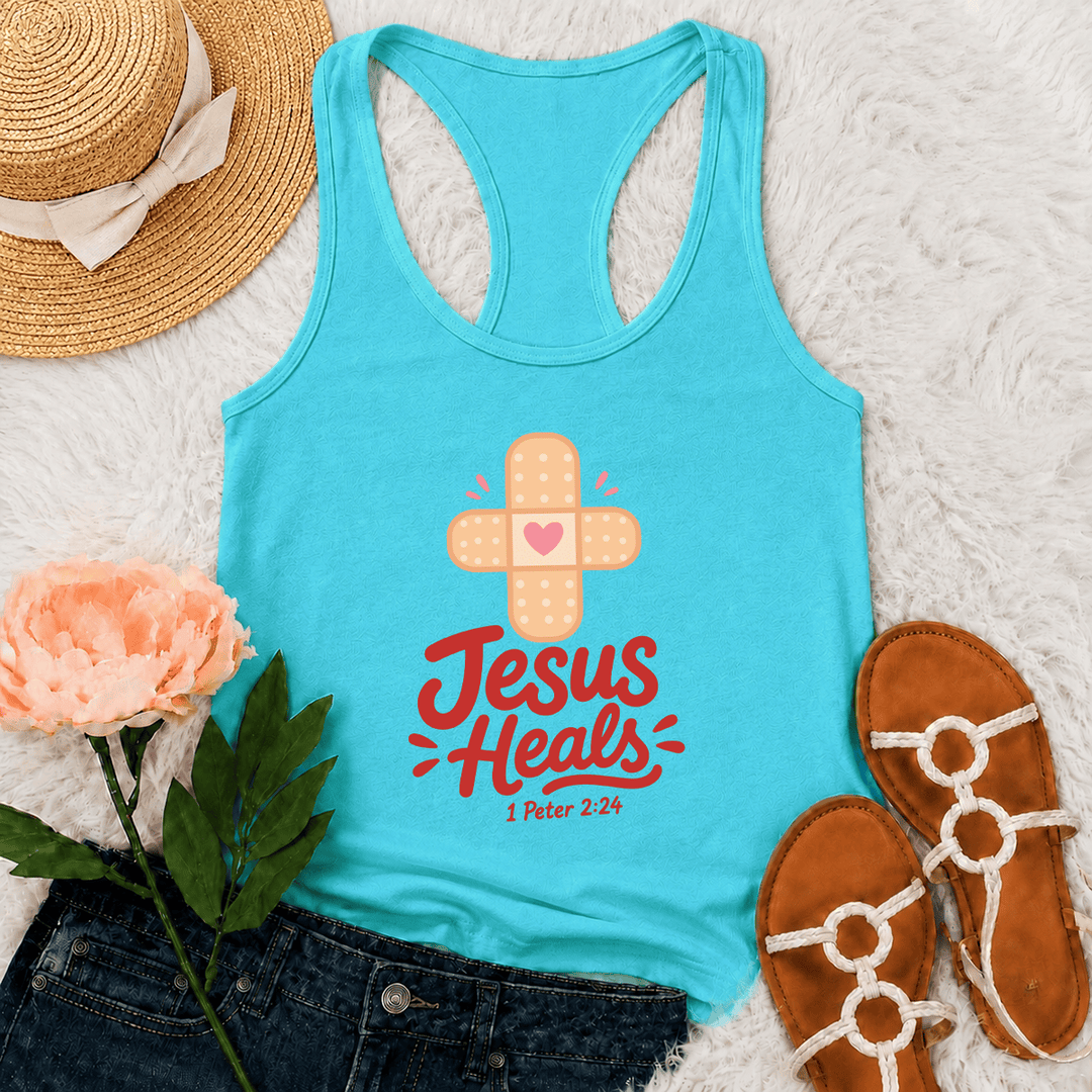 Christianartworkshop Jesus Heals Cross Band-Aid Heart Cartoon Graphic 1 Peter 2:24 Racerback Tank Top - Mint - 2XL - image 0