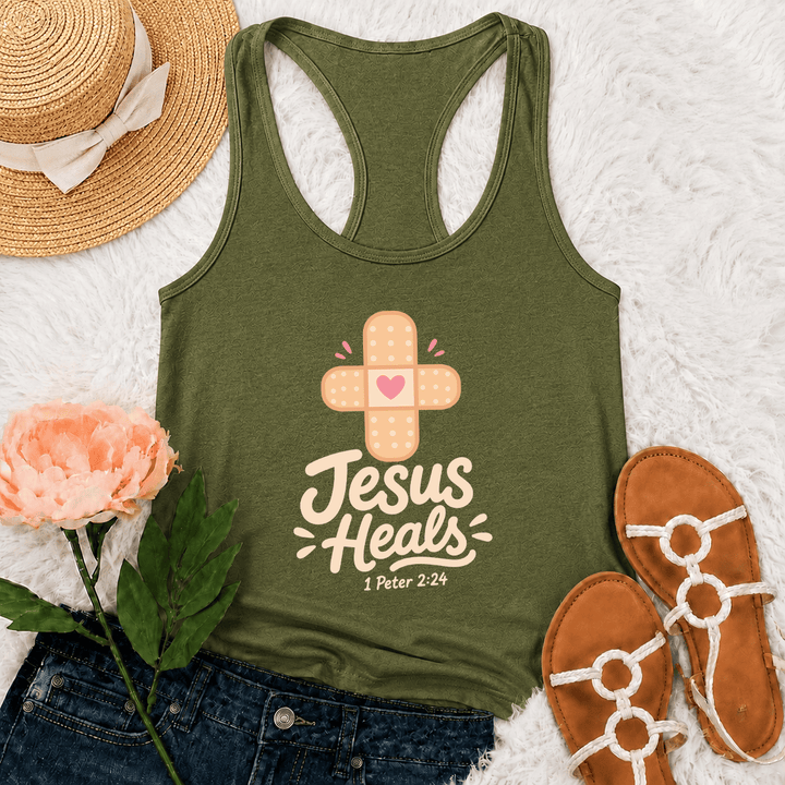 Christianartworkshop Jesus Heals Cross Band-Aid Heart Cartoon Graphic 1 Peter 2:24 Racerback Tank Top - Army Green - 2XL - image 18