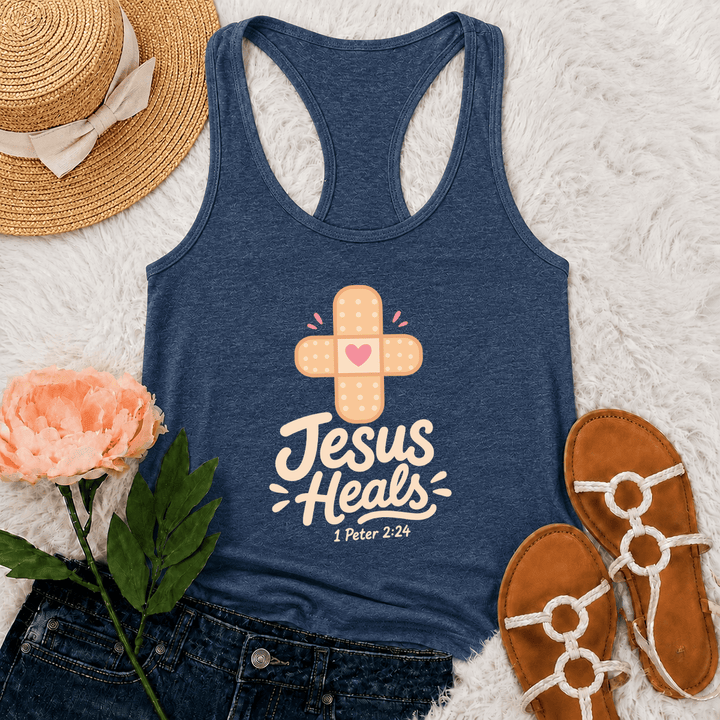 Christianartworkshop Jesus Heals Cross Band-Aid Heart Cartoon Graphic 1 Peter 2:24 Racerback Tank Top - Navy Blue - 2XL - image 21
