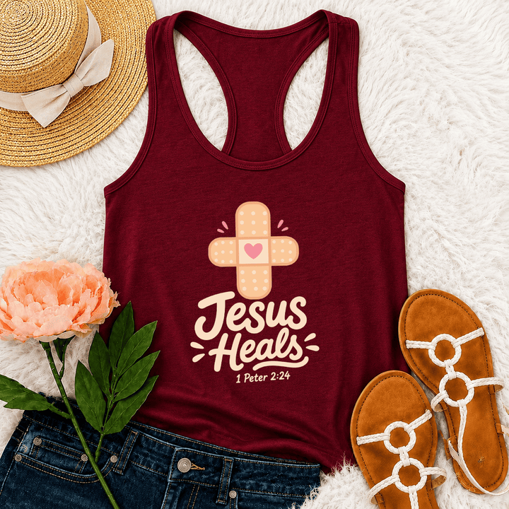 Christianartworkshop Jesus Heals Cross Band-Aid Heart Cartoon Graphic 1 Peter 2:24 Racerback Tank Top - Wine - 2XL - image 3