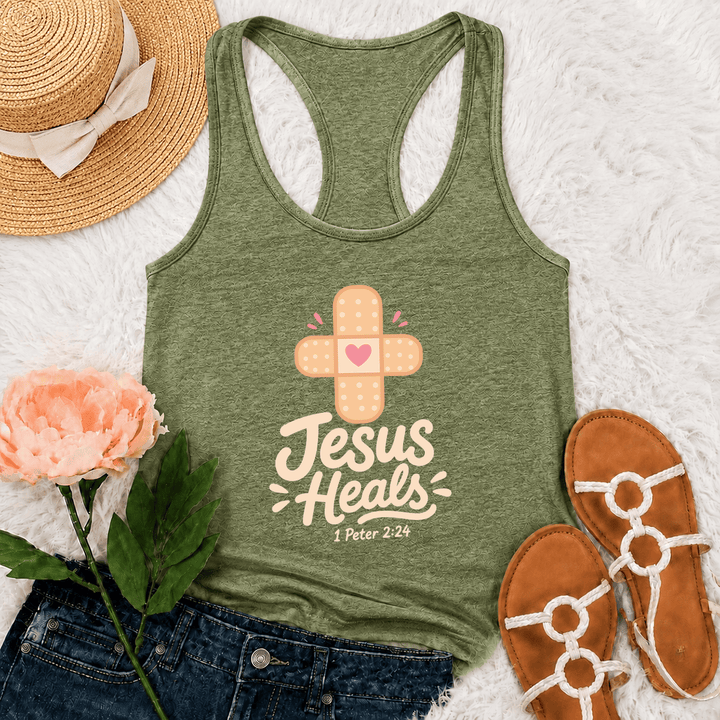 Christianartworkshop Jesus Heals Cross Band-Aid Heart Cartoon Graphic 1 Peter 2:24 Racerback Tank Top - Olive Green - 2XL - image 24