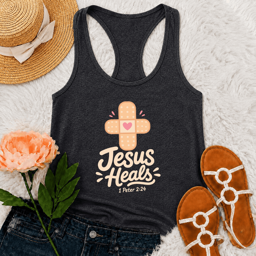 Christianartworkshop Jesus Heals Cross Band-Aid Heart Cartoon Graphic 1 Peter 2:24 Racerback Tank Top - Grey - 2XL - image 9