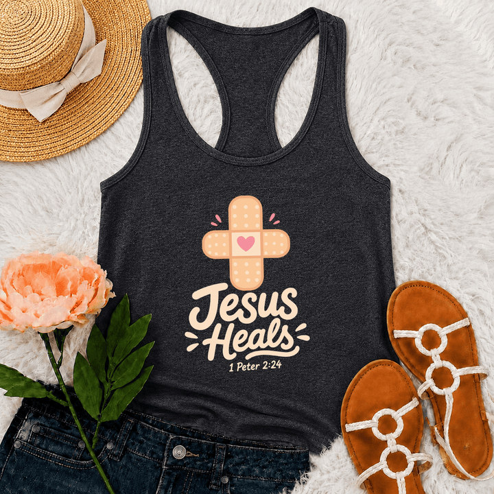 Christianartworkshop Jesus Heals Cross Band-Aid Heart Cartoon Graphic 1 Peter 2:24 Racerback Tank Top - Grey - 2XL - image 9