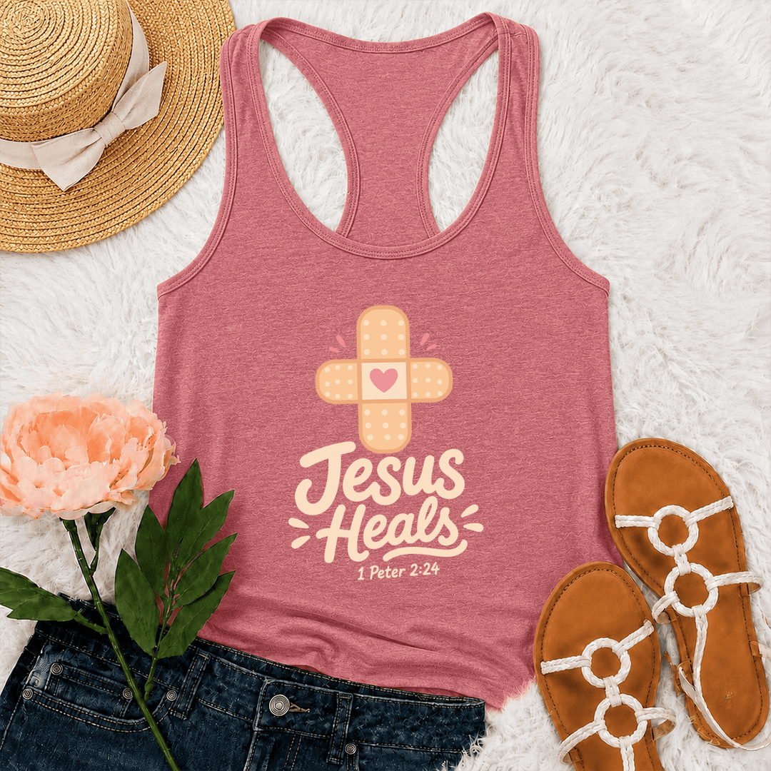 Christianartworkshop Jesus Heals Cross Band-Aid Heart Cartoon Graphic 1 Peter 2:24 Racerback Tank Top - Pink - 2XL - image 27