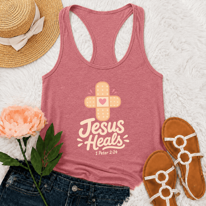 Christianartworkshop Jesus Heals Cross Band-Aid Heart Cartoon Graphic 1 Peter 2:24 Racerback Tank Top - Pink - 2XL - image 27