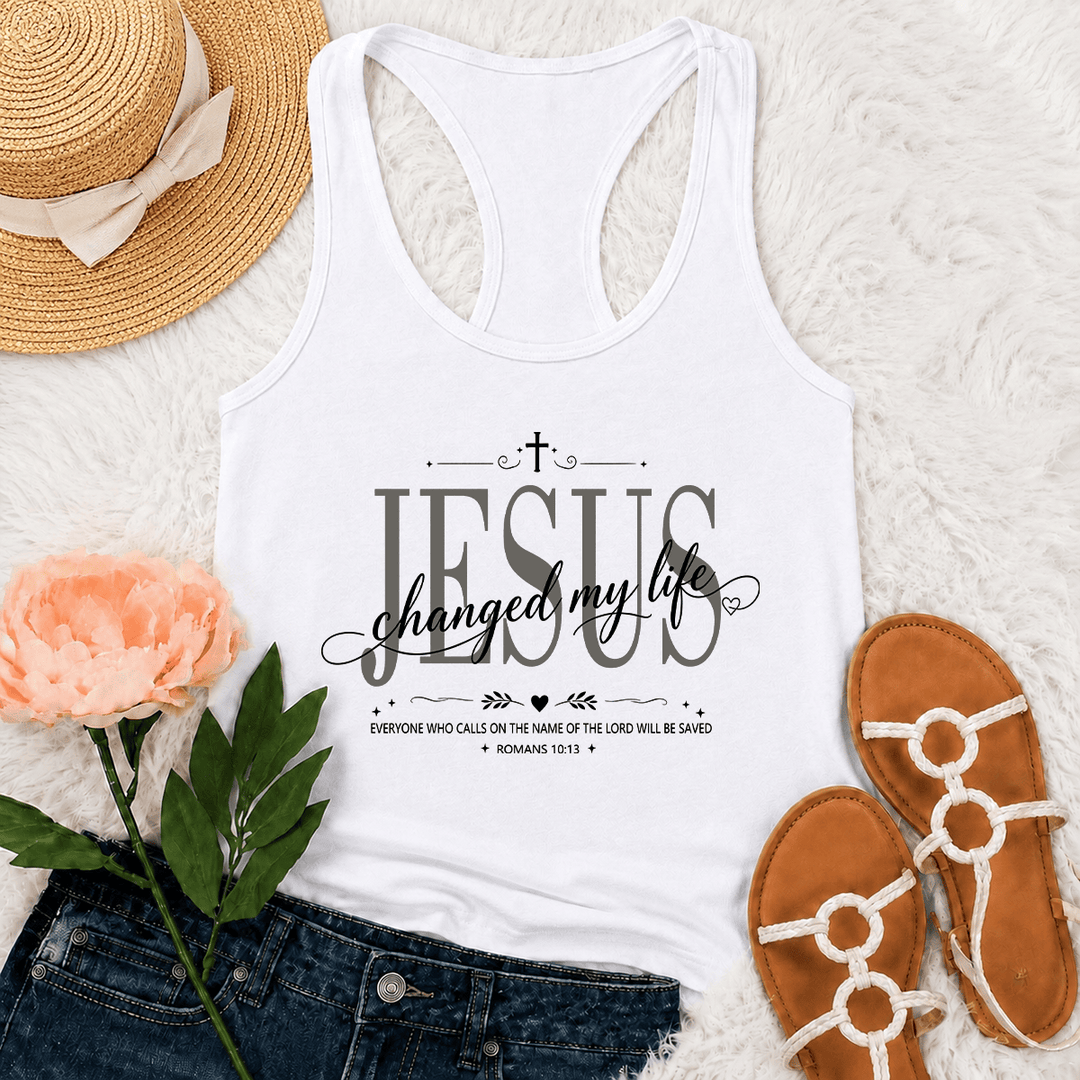 Christianartworkshop Jesus Changed My Life Dual Font Cross Heart Accent Romans 10:13 Decorative Frame Graphic Racerback Tank Top - White - 2XL - image 12