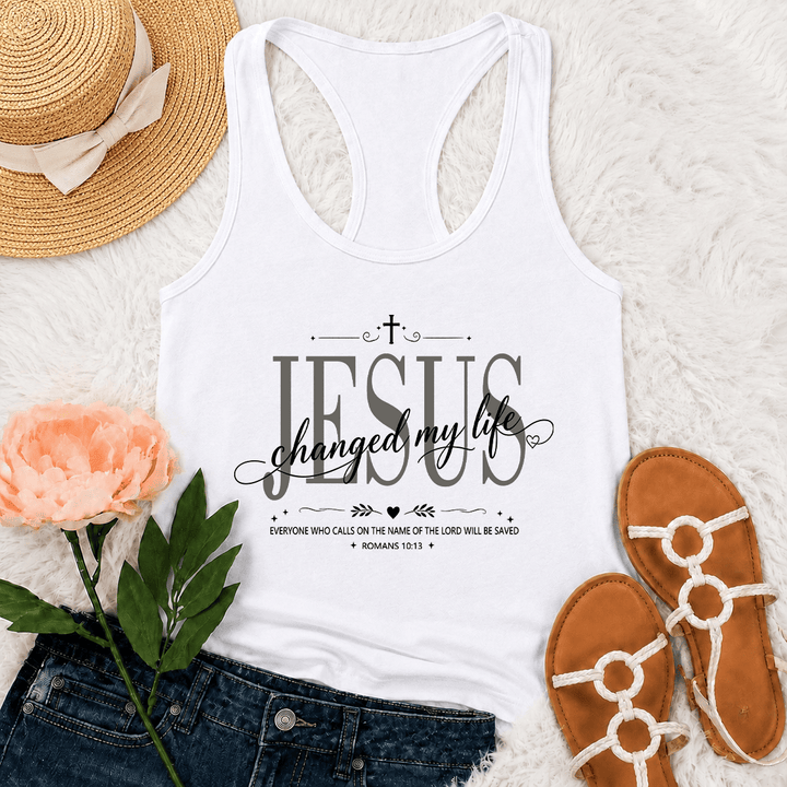 Christianartworkshop Jesus Changed My Life Dual Font Cross Heart Accent Romans 10:13 Decorative Frame Graphic Racerback Tank Top - White - 2XL - image 12