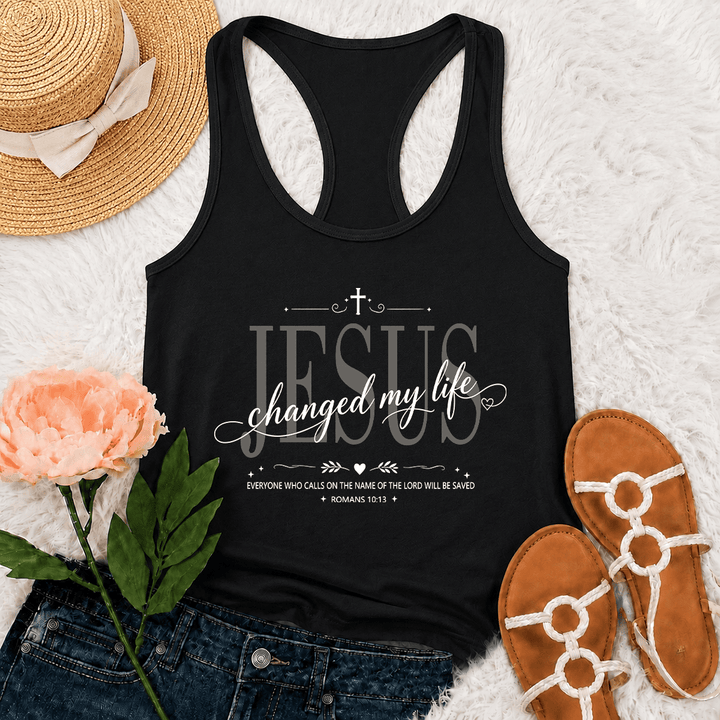 Christianartworkshop Jesus Changed My Life Dual Font Cross Heart Accent Romans 10:13 Decorative Frame Graphic Racerback Tank Top - Black - 2XL - image 3