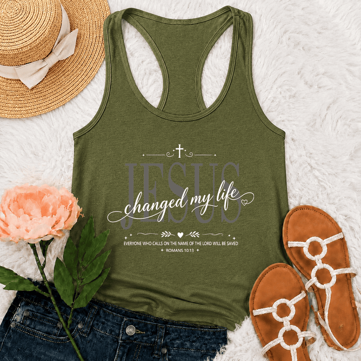 Christianartworkshop Jesus Changed My Life Dual Font Cross Heart Accent Romans 10:13 Decorative Frame Graphic Racerback Tank Top - Army Green - 2XL - image 21