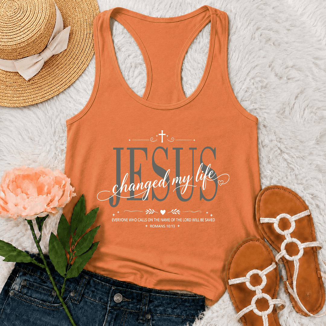 Christianartworkshop Jesus Changed My Life Dual Font Cross Heart Accent Romans 10:13 Decorative Frame Graphic Racerback Tank Top - Orange - 2XL - image 18