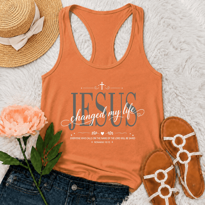 Christianartworkshop Jesus Changed My Life Dual Font Cross Heart Accent Romans 10:13 Decorative Frame Graphic Racerback Tank Top - Orange - 2XL - image 18