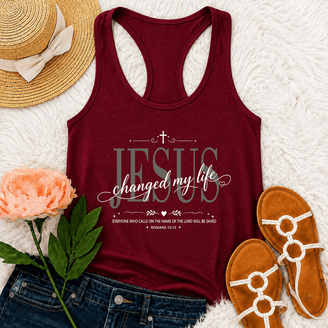 Christianartworkshop Jesus Changed My Life Dual Font Cross Heart Accent Romans 10:13 Decorative Frame Graphic Racerback Tank Top - Wine - 2XL - image 9