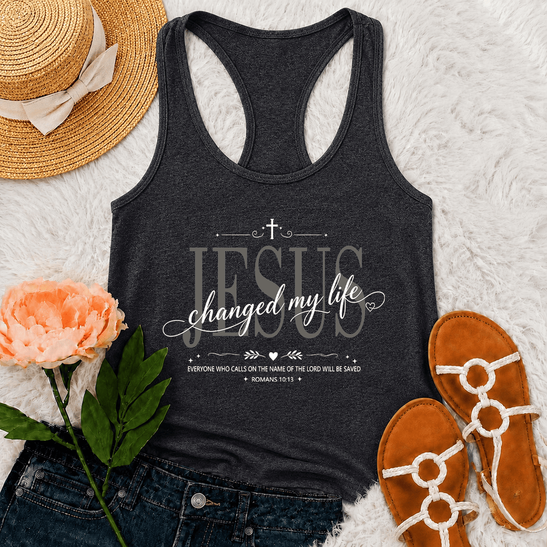 Christianartworkshop Jesus Changed My Life Dual Font Cross Heart Accent Romans 10:13 Decorative Frame Graphic Racerback Tank Top - Grey - 2XL - image 15