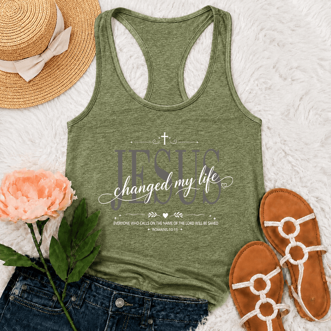 Christianartworkshop Jesus Changed My Life Dual Font Cross Heart Accent Romans 10:13 Decorative Frame Graphic Racerback Tank Top - Olive Green - 2XL - image 27