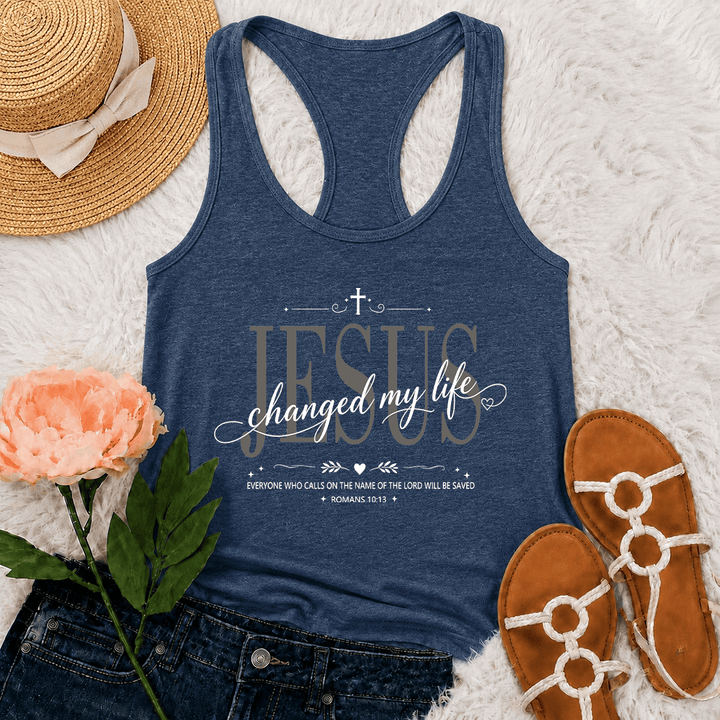 Christianartworkshop Jesus Changed My Life Dual Font Cross Heart Accent Romans 10:13 Decorative Frame Graphic Racerback Tank Top - Navy Blue - 2XL - image 24