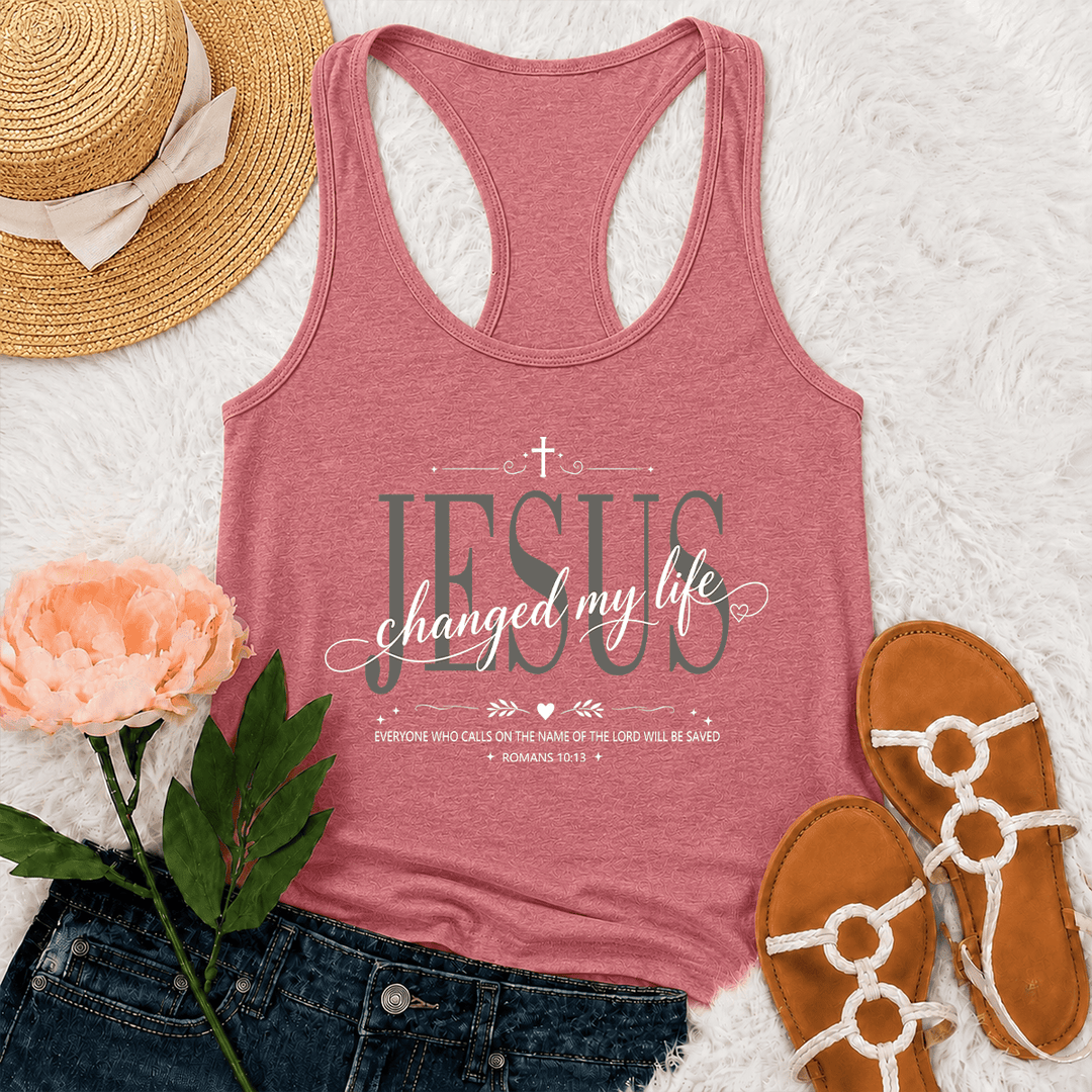 Christianartworkshop Jesus Changed My Life Dual Font Cross Heart Accent Romans 10:13 Decorative Frame Graphic Racerback Tank Top - Pink - 2XL - image 0