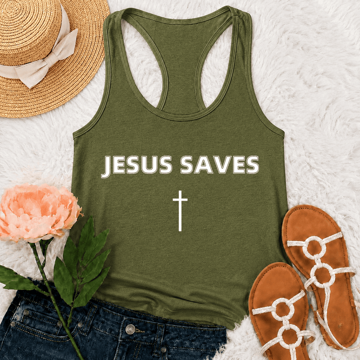 Christianartworkshop Jesus Saves Bold Block Letter Simple Vertical Cross Minimal Graphic Racerback Tank Top - Army Green - 2XL - image 21