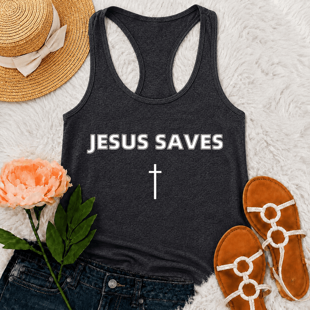 Christianartworkshop Jesus Saves Bold Block Letter Simple Vertical Cross Minimal Graphic Racerback Tank Top - Grey - 2XL - image 15