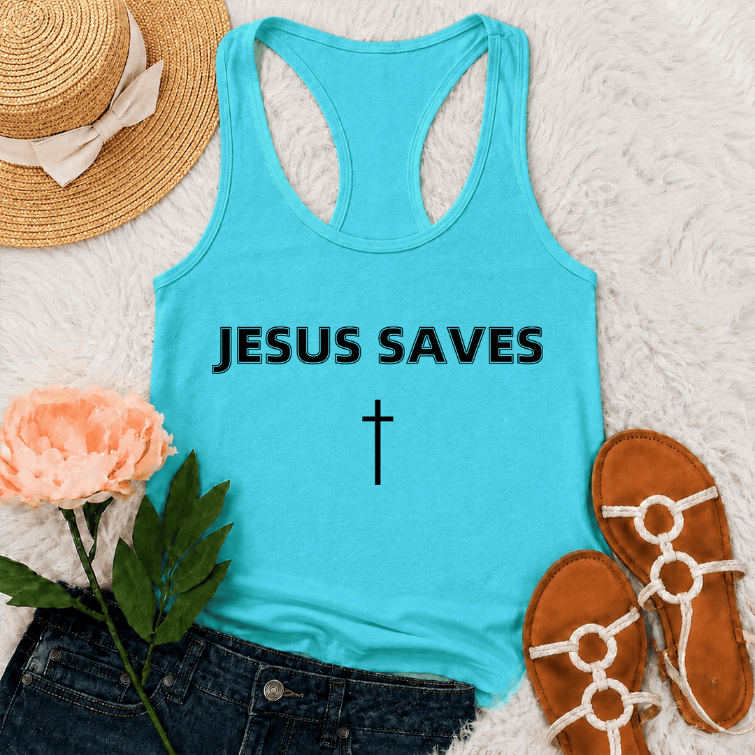 Christianartworkshop Jesus Saves Bold Block Letter Simple Vertical Cross Minimal Graphic Racerback Tank Top - Mint - 2XL - image 0