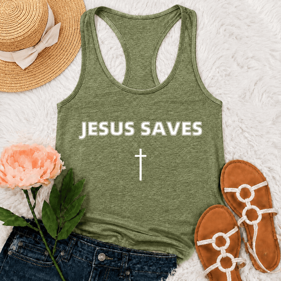 Christianartworkshop Jesus Saves Bold Block Letter Simple Vertical Cross Minimal Graphic Racerback Tank Top - Olive Green - 2XL - image 27