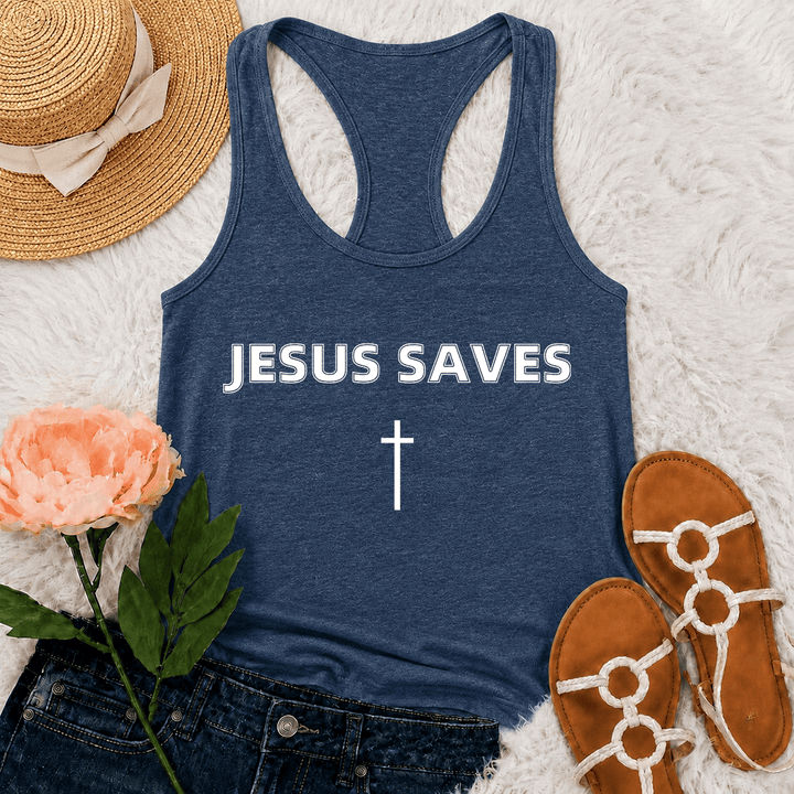 Christianartworkshop Jesus Saves Bold Block Letter Simple Vertical Cross Minimal Graphic Racerback Tank Top - Navy Blue - 2XL - image 24