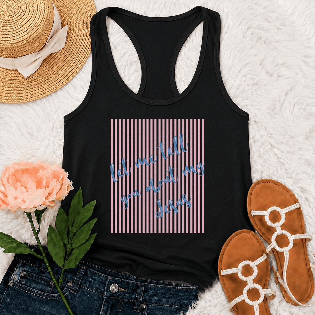 Christianartworkshop Slanted Handwritten Script Let Me Tell You About My Jesus Striped Block Backdrop Print Racerback Tank Top - Black - 2XL - image 3