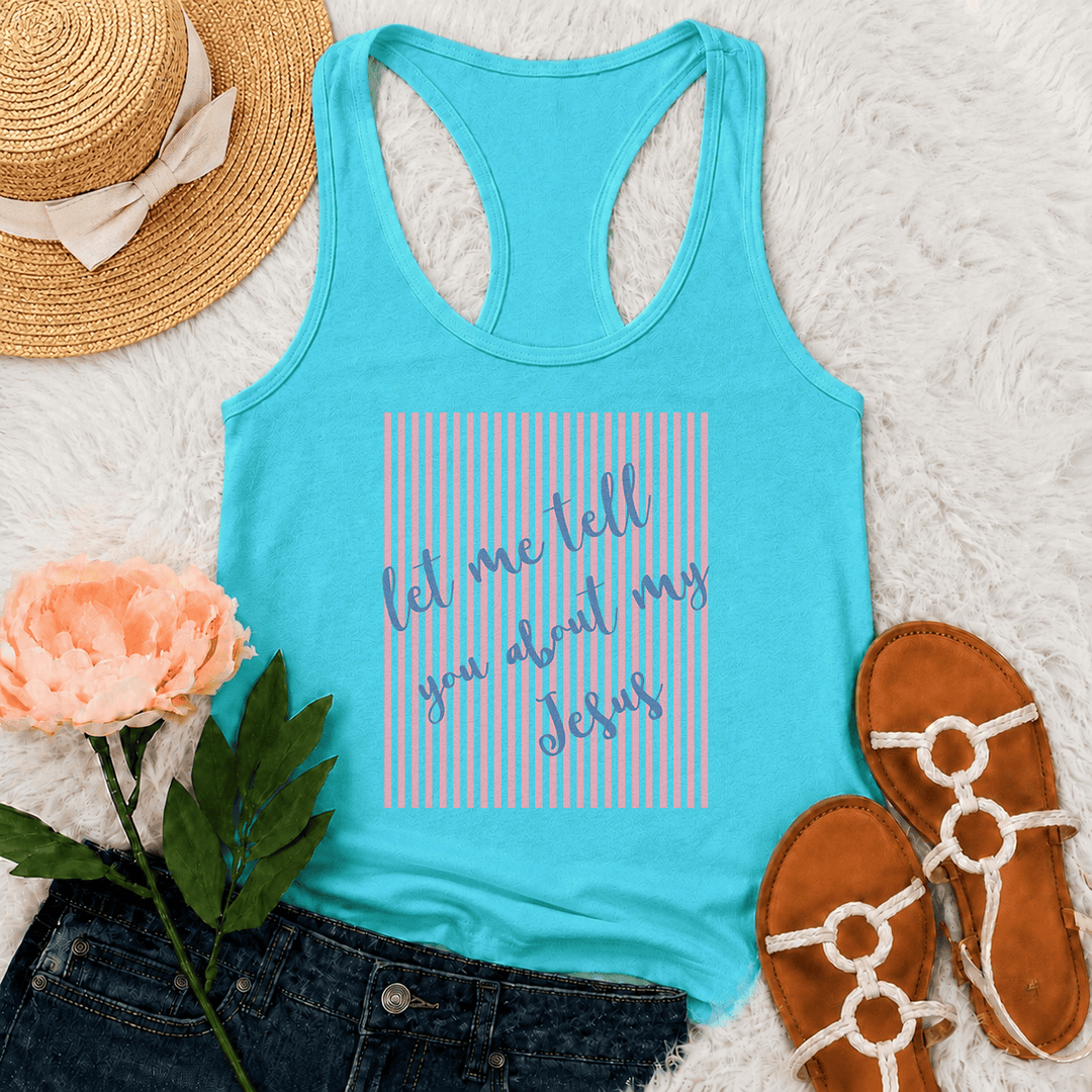 Christianartworkshop Slanted Handwritten Script Let Me Tell You About My Jesus Striped Block Backdrop Print Racerback Tank Top - Mint - 2XL - image 6