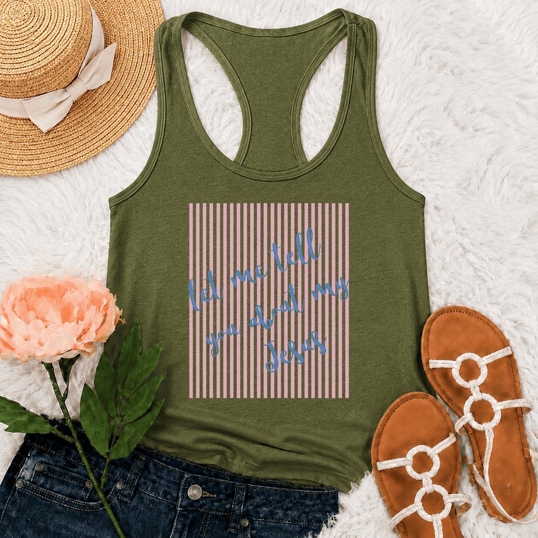 Christianartworkshop Slanted Handwritten Script Let Me Tell You About My Jesus Striped Block Backdrop Print Racerback Tank Top - Army Green - 2XL - image 20