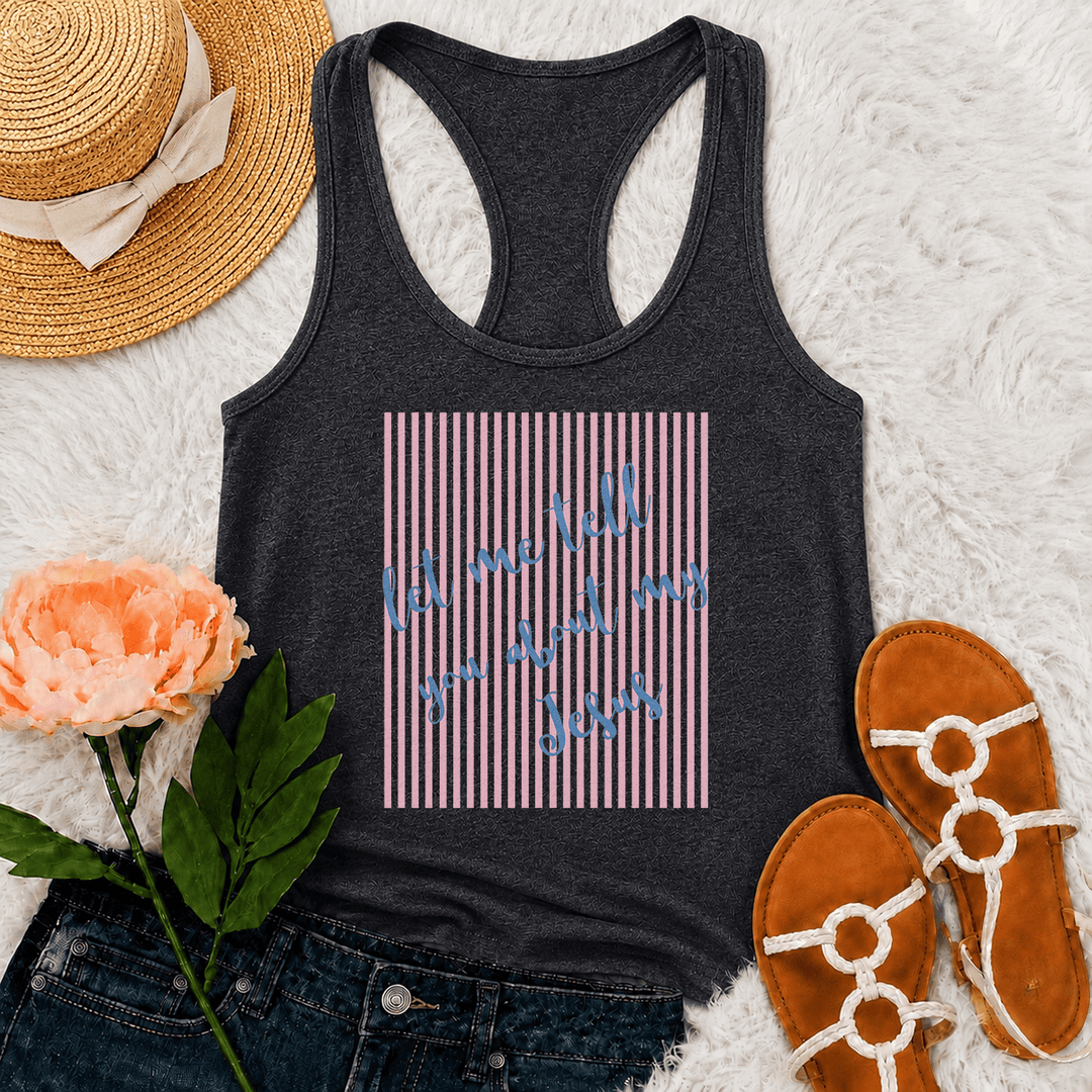 Christianartworkshop Slanted Handwritten Script Let Me Tell You About My Jesus Striped Block Backdrop Print Racerback Tank Top - Grey - 2XL - image 14
