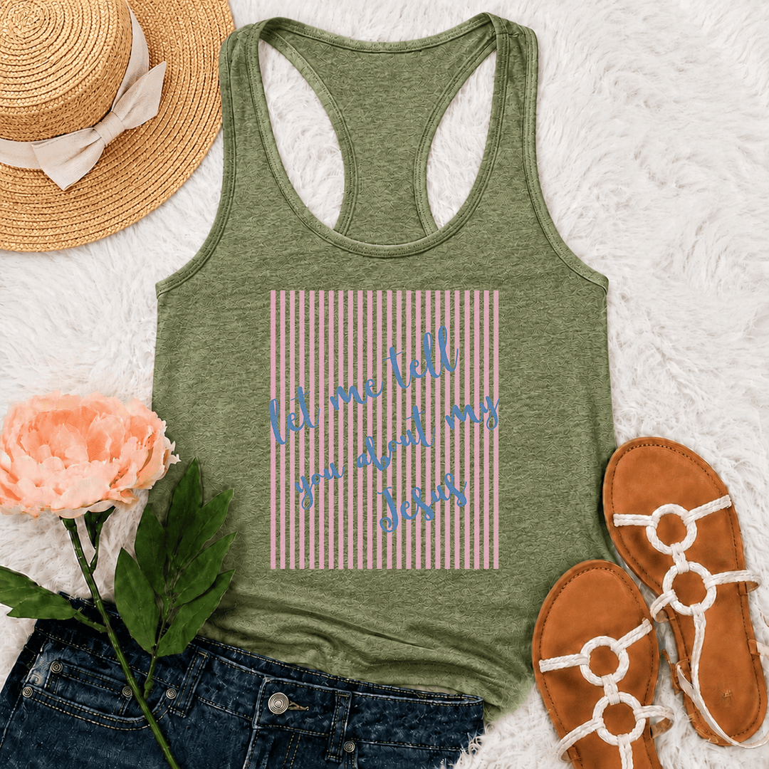 Christianartworkshop Slanted Handwritten Script Let Me Tell You About My Jesus Striped Block Backdrop Print Racerback Tank Top - Olive Green - 2XL - image 26