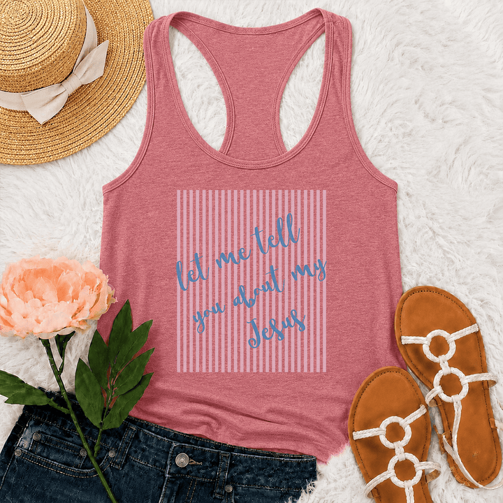 Christianartworkshop Slanted Handwritten Script Let Me Tell You About My Jesus Striped Block Backdrop Print Racerback Tank Top - Pink - 2XL - image 9