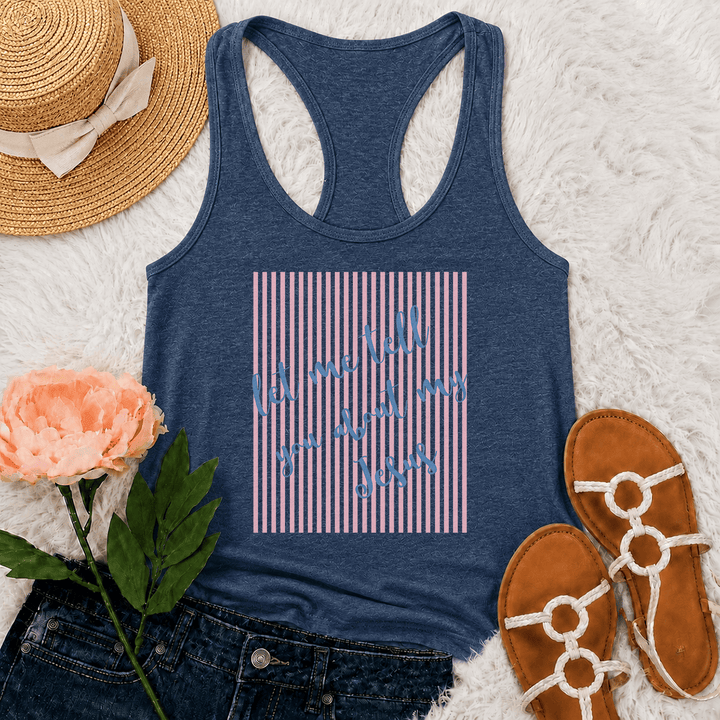 Christianartworkshop Slanted Handwritten Script Let Me Tell You About My Jesus Striped Block Backdrop Print Racerback Tank Top - Navy Blue - 2XL - image 23