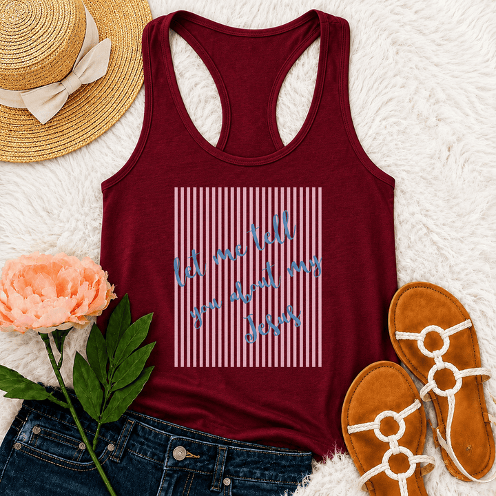 Christianartworkshop Slanted Handwritten Script Let Me Tell You About My Jesus Striped Block Backdrop Print Racerback Tank Top - Wine - 2XL - image 12