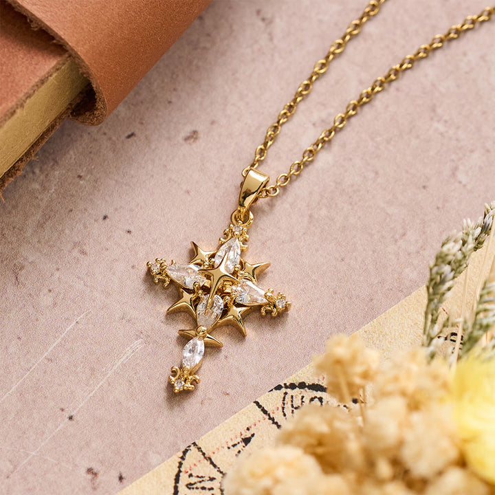 Christianartworkshop Star Accent Marquise Crystal Sacred Cross Pendant Necklace: Timeless Emblem of Radiant Heavenly Faith - Golden - image 0