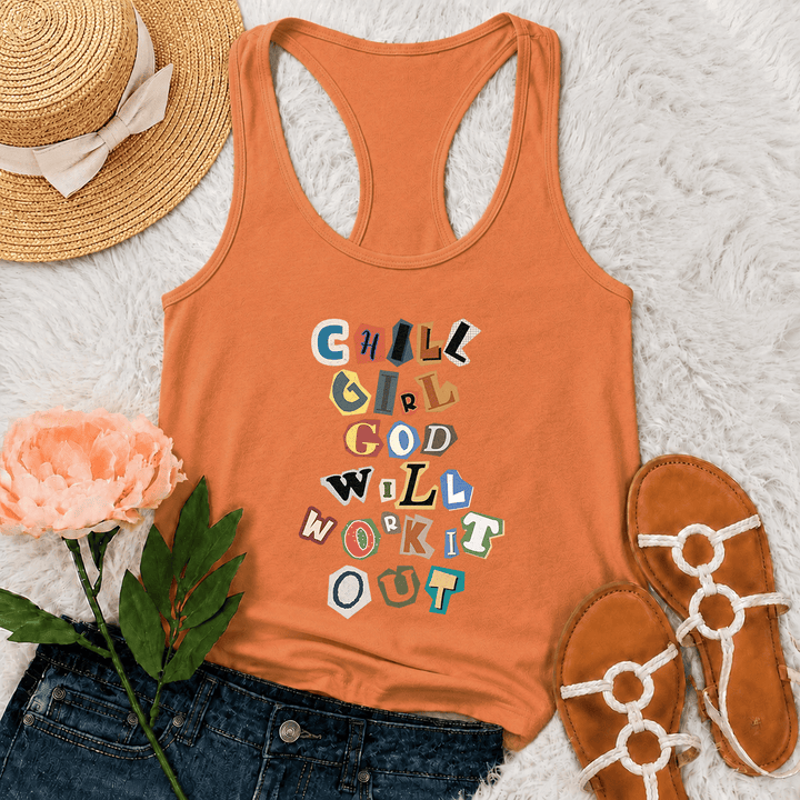 Christianartworkshop Chill Girl God Will Work It Out Ransom Note Cut Paper Mixed Letter Vertical Stack Graphic Racerback Tank Top - Orange - 2XL - image 21