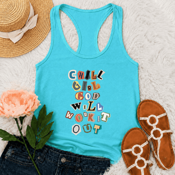 Christianartworkshop Chill Girl God Will Work It Out Ransom Note Cut Paper Mixed Letter Vertical Stack Graphic Racerback Tank Top - Mint - 2XL - image 9