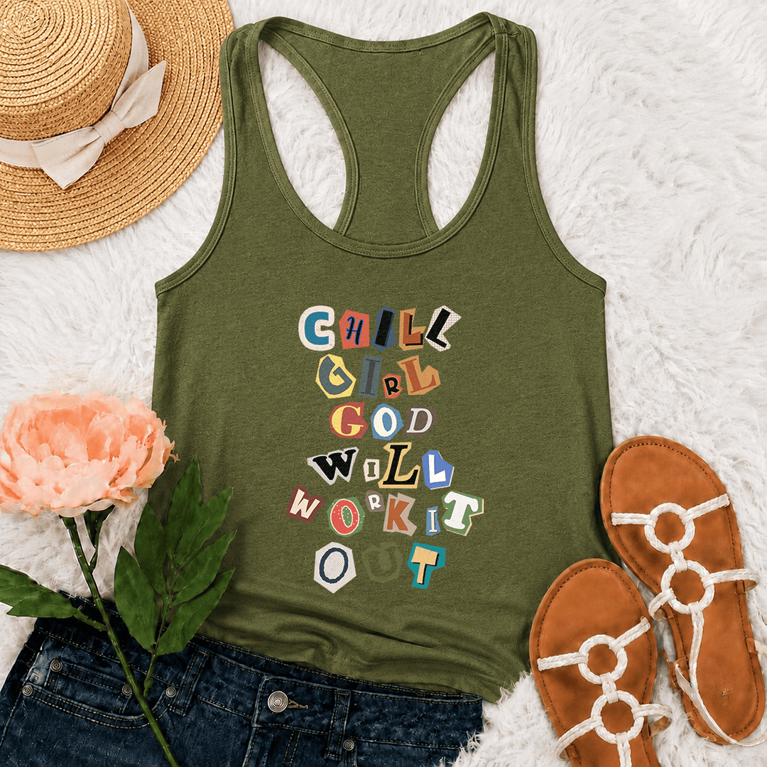 Christianartworkshop Chill Girl God Will Work It Out Ransom Note Cut Paper Mixed Letter Vertical Stack Graphic Racerback Tank Top - Army Green - 2XL - image 24