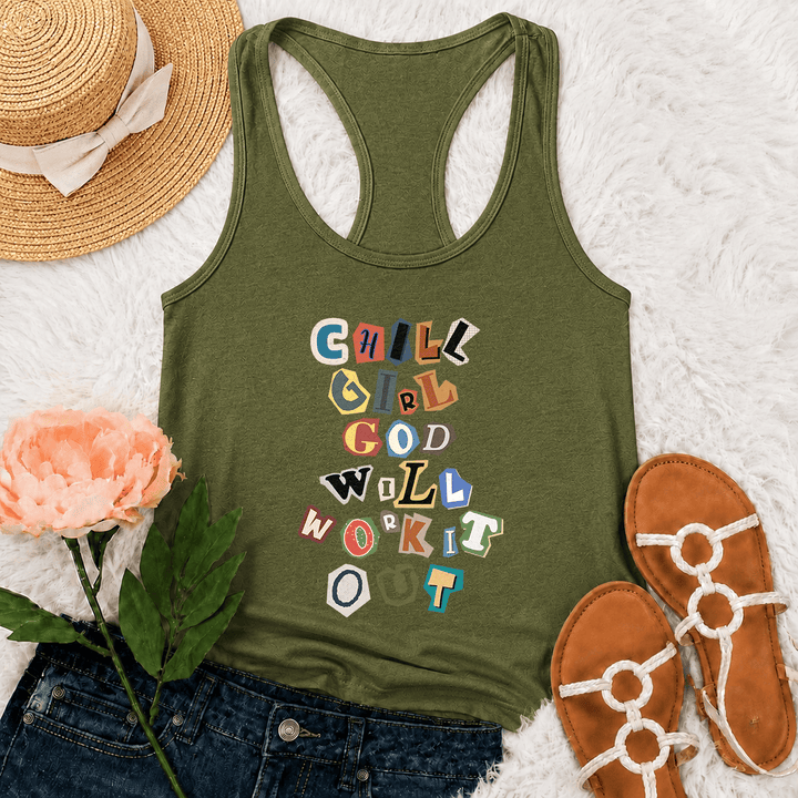 Christianartworkshop Chill Girl God Will Work It Out Ransom Note Cut Paper Mixed Letter Vertical Stack Graphic Racerback Tank Top - Army Green - 2XL - image 24