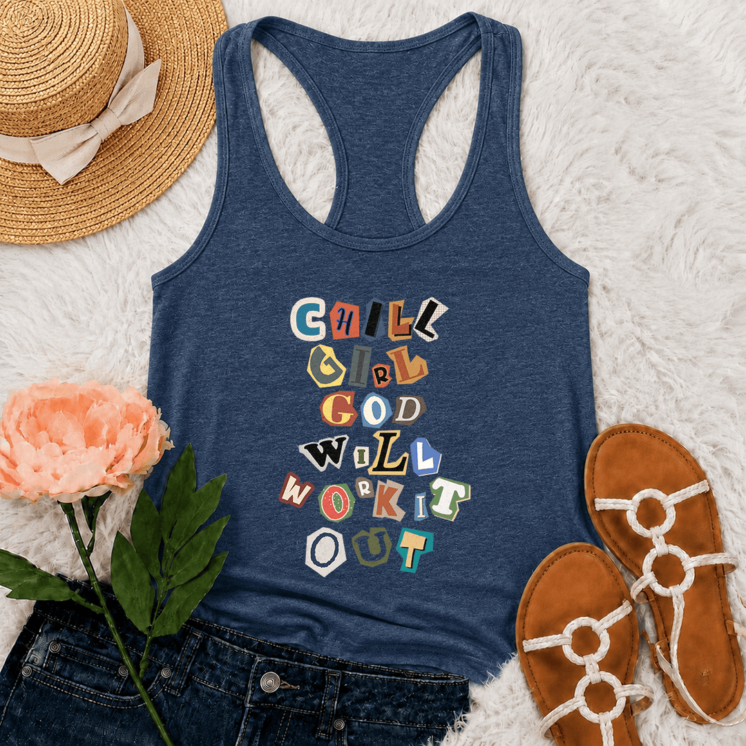 Christianartworkshop Chill Girl God Will Work It Out Ransom Note Cut Paper Mixed Letter Vertical Stack Graphic Racerback Tank Top - Navy Blue - 2XL - image 27