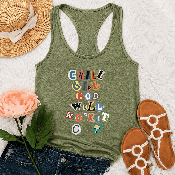 Christianartworkshop Chill Girl God Will Work It Out Ransom Note Cut Paper Mixed Letter Vertical Stack Graphic Racerback Tank Top - Olive Green - 2XL - image 0
