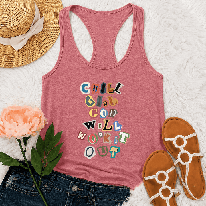 Christianartworkshop Chill Girl God Will Work It Out Ransom Note Cut Paper Mixed Letter Vertical Stack Graphic Racerback Tank Top - Pink - 2XL - image 12