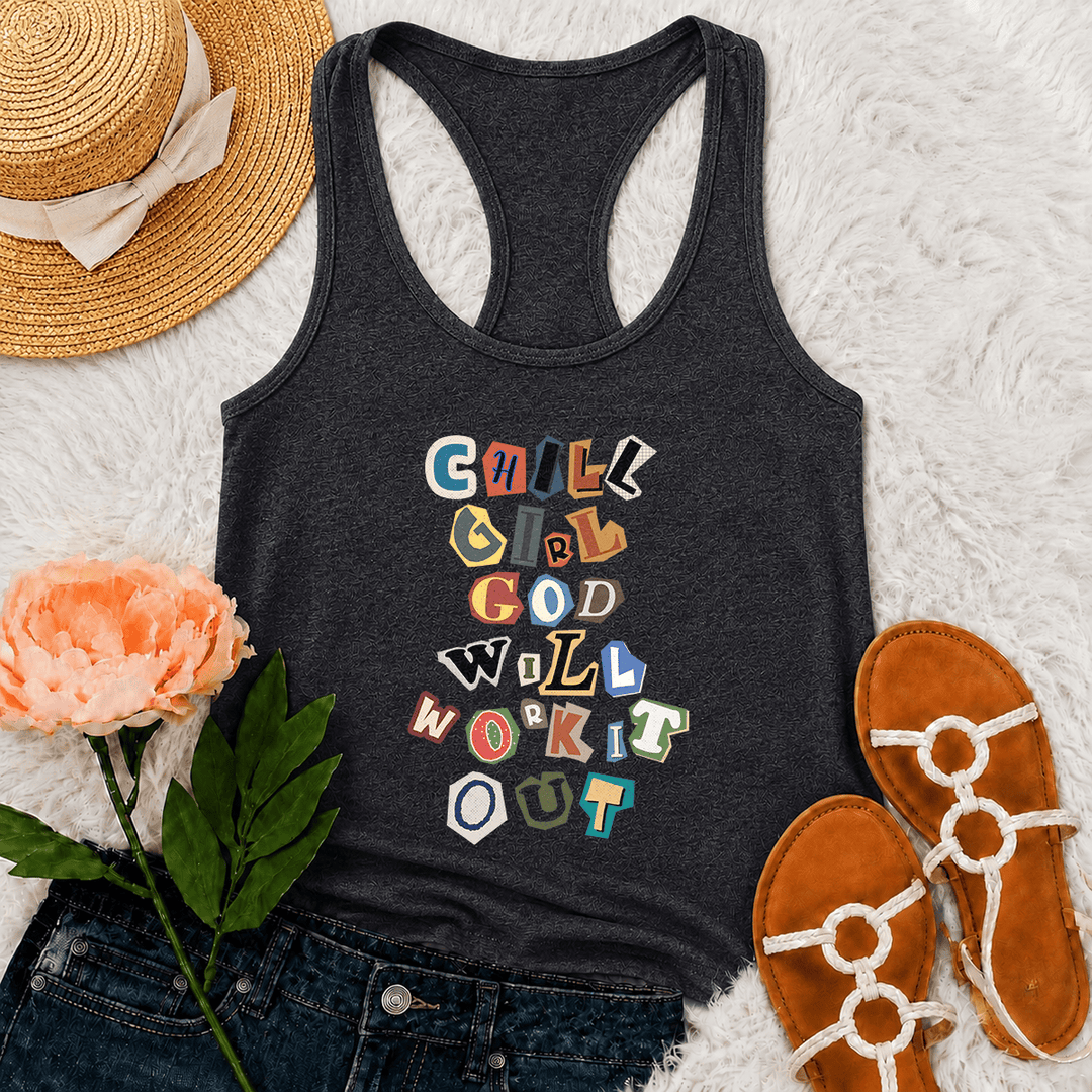 Christianartworkshop Chill Girl God Will Work It Out Ransom Note Cut Paper Mixed Letter Vertical Stack Graphic Racerback Tank Top - Grey - 2XL - image 18