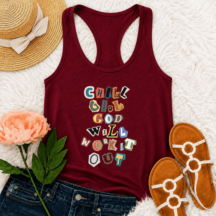 Christianartworkshop Chill Girl God Will Work It Out Ransom Note Cut Paper Mixed Letter Vertical Stack Graphic Racerback Tank Top - Wine - 2XL - image 15