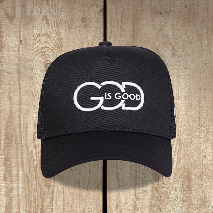 Christianartworkshop Minimal Linked Monogram God Is Good Dual Side Embroidery Curved Brim Mesh Back Trucker Cap - image 3