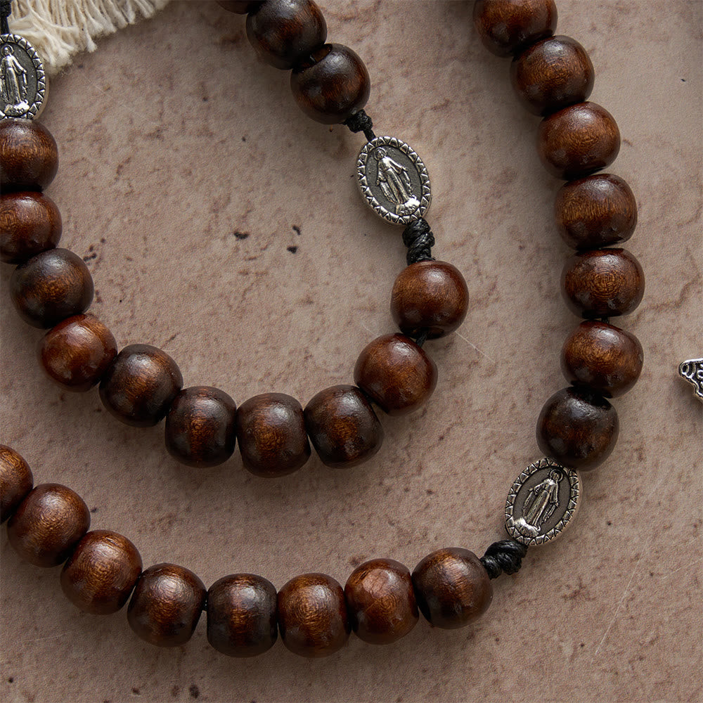 Christianartworkshop 5/15/20 Decade Polished Natural Wood Bead Floral Frame Our Lady & Carved Crucifix Rosary - image 11