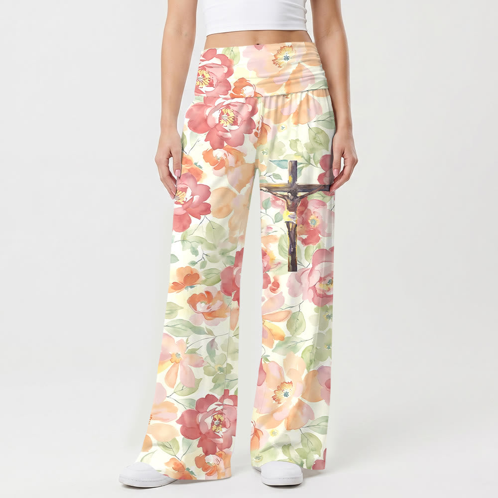 Christianartworkshop Watercolor Peony Floral All Over Print Crucifix Graphic Fold Waist High Rise Wide Leg Pants - US22,UK/AU26,EU54(6XL) - image 0