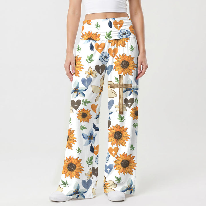Christianartworkshop Sunflower Floral Heart Cross All Over Print High Waist Stretch Wide Leg Pants - US22,UK/AU26,EU54(6XL) - image 0