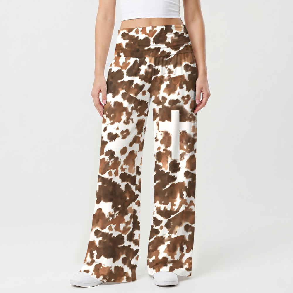 Christianartworkshop Cow Spot All Over Print Solid White Vertical Cross Thigh Graphic Fold Over High Waist Wide Leg Pants - US22,UK/AU26,EU54(6XL) - image 0