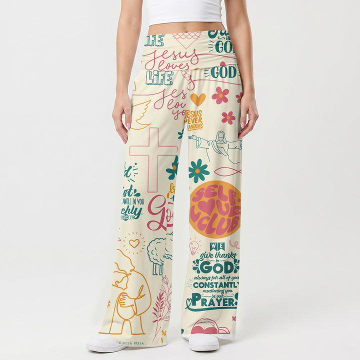 Christianartworkshop Faith Lettering Cross Figure Floral Element All Over Print Fold Over High Waist Wide Leg Pants - US22,UK/AU26,EU54(6XL) - image 0