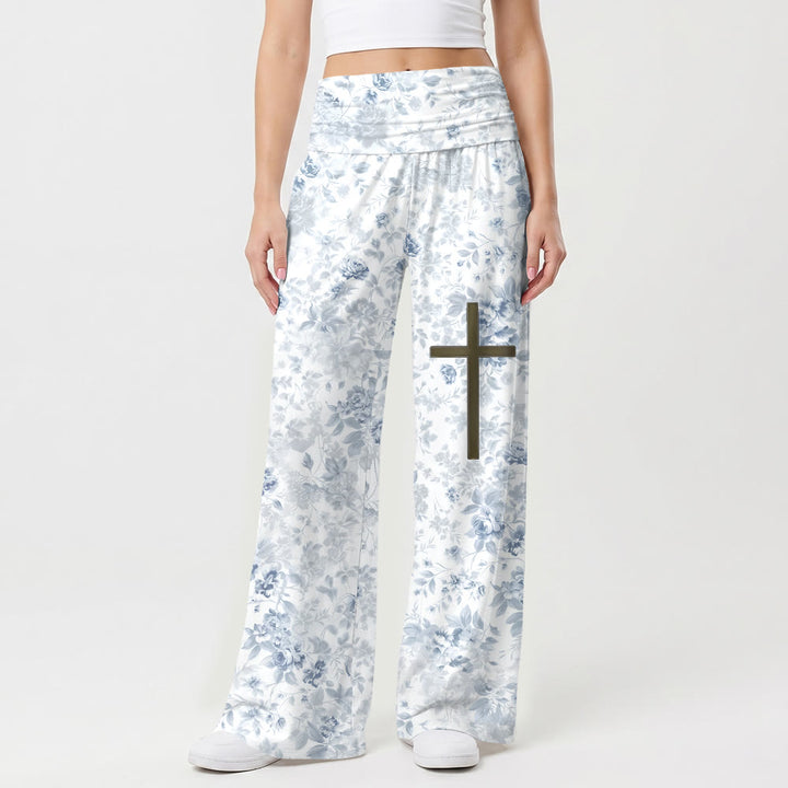 Christianartworkshop Delicate Bloom Leaf Full Print Plain Cross Front Thigh Accent Fold Waist Women Wide Leg Pants - US22,UK/AU26,EU54(6XL) - image 0